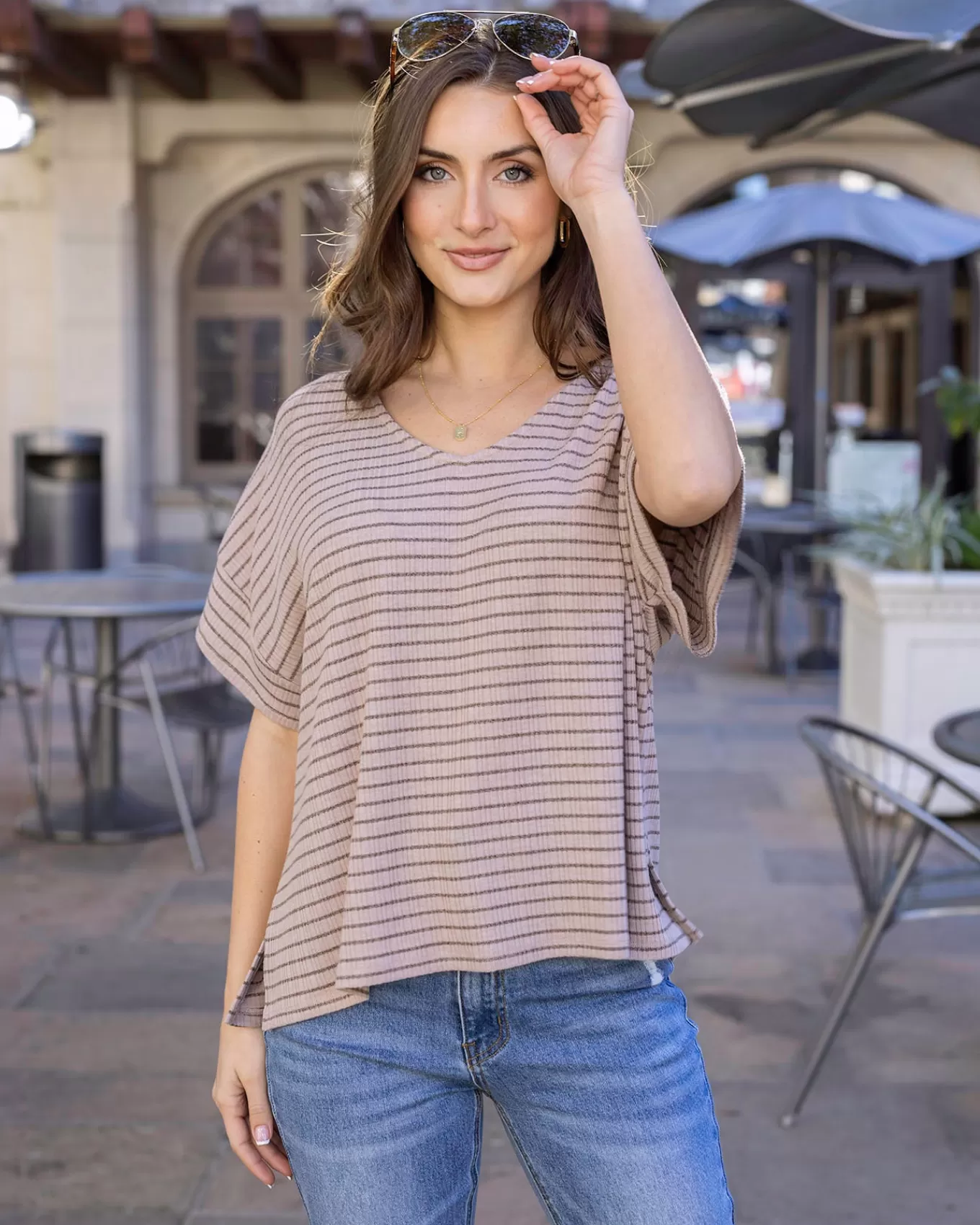 Outlet Coziest Tan And Black Stripe Dolman Lounge Top Lounge Sets | Lounge Tops