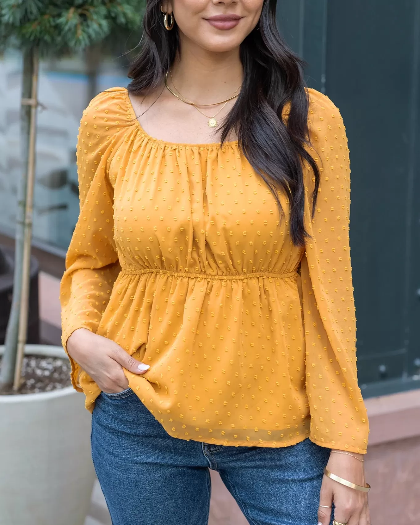 New Dobby Dot Peplum Top Fashion Tops