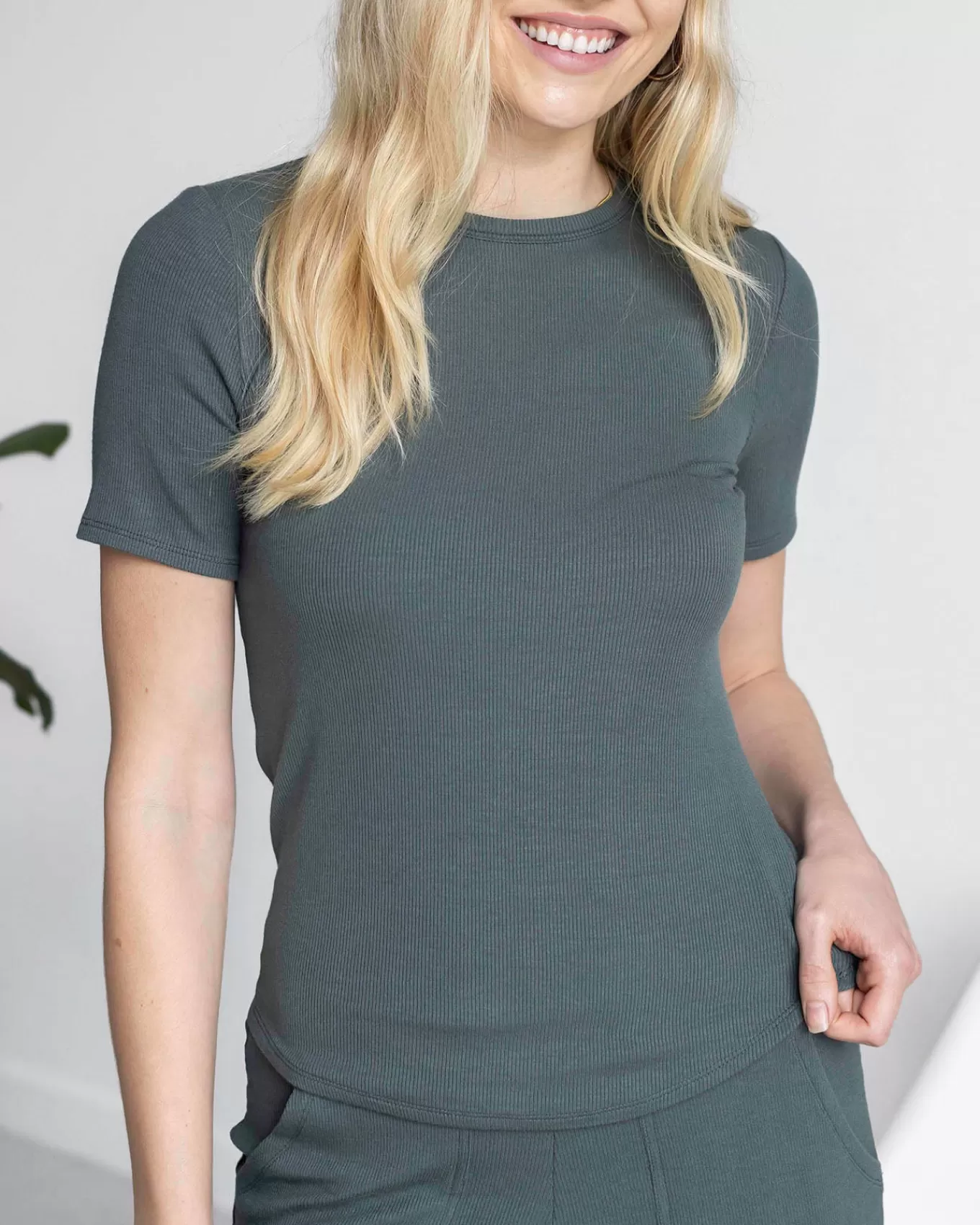 New Essential Ribbed Short Sleeve Fitted Tee Lounge Sets | Lounge Tops