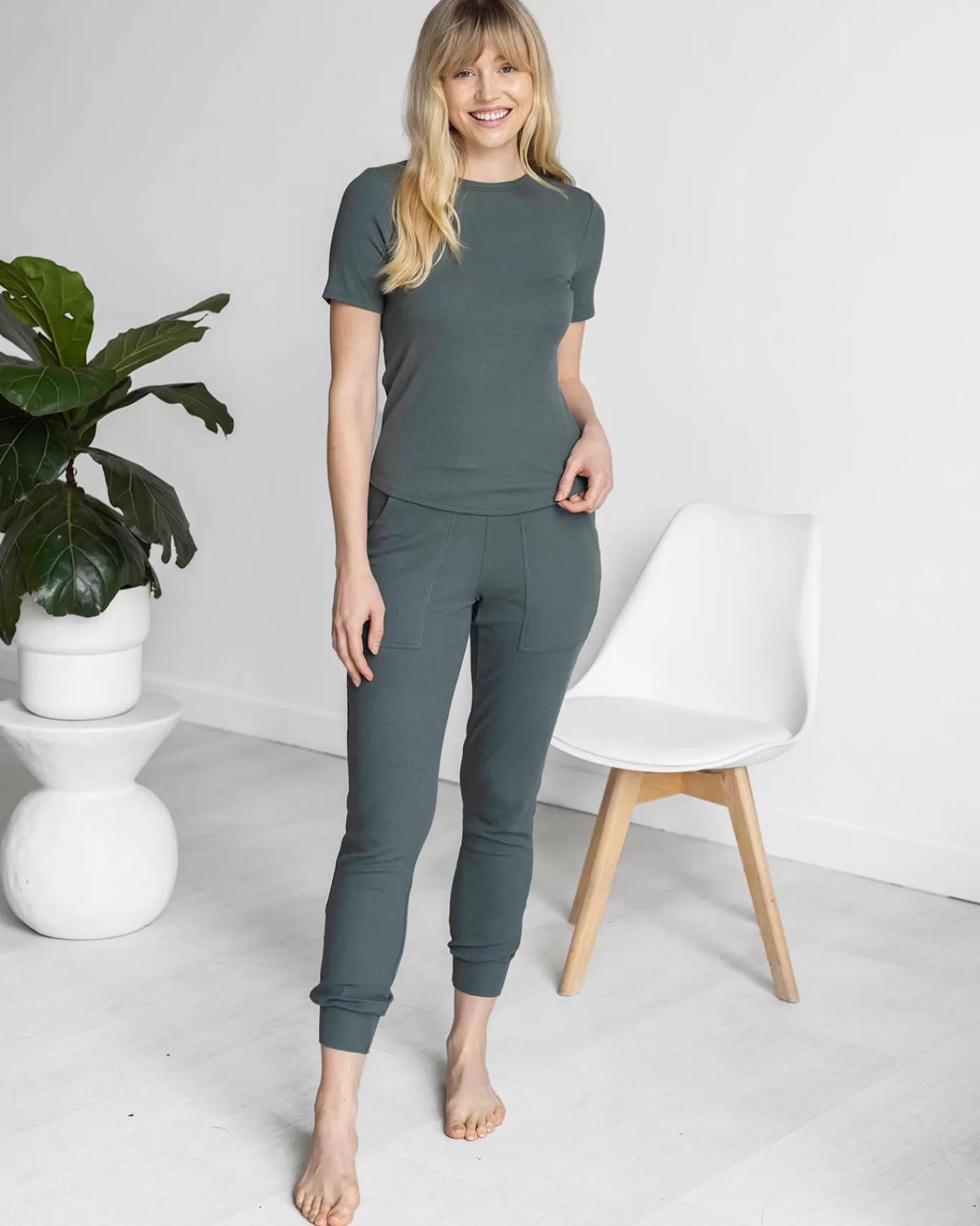 New Essential Ribbed Short Sleeve Fitted Tee Lounge Sets | Lounge Tops