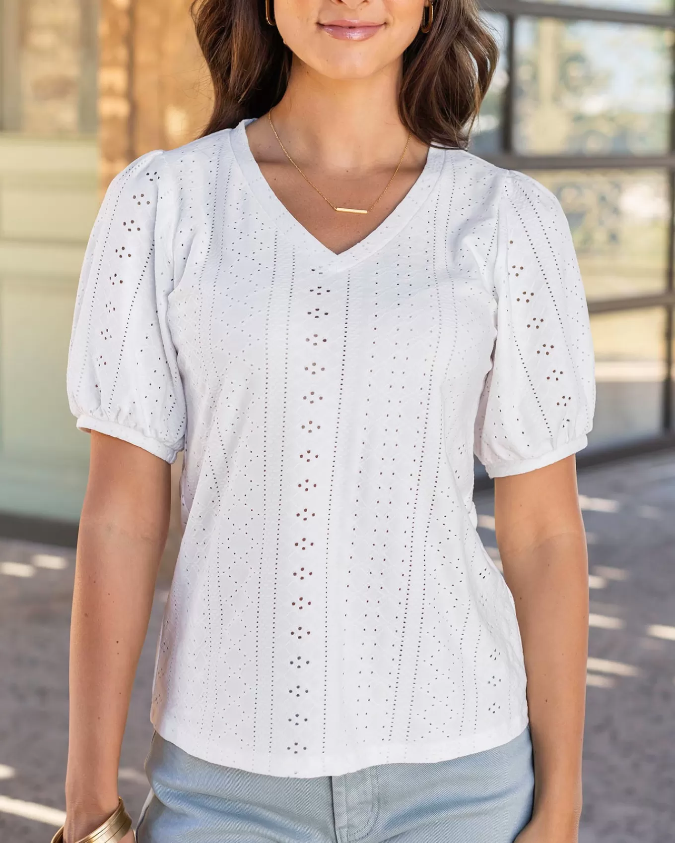 Store Eyelet V-Neck Top Fashion Tops