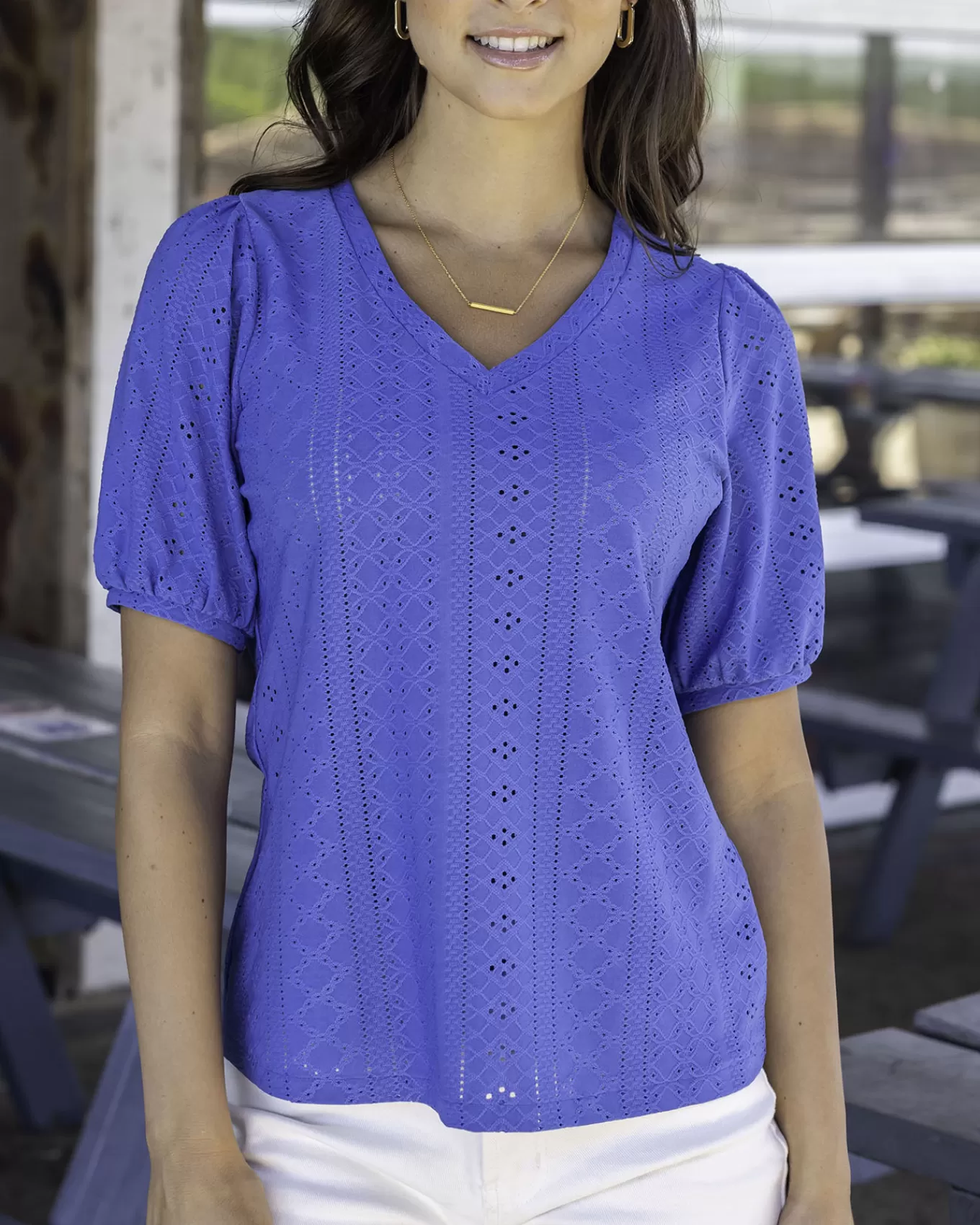 Hot Eyelet V-Neck Top Fashion Tops