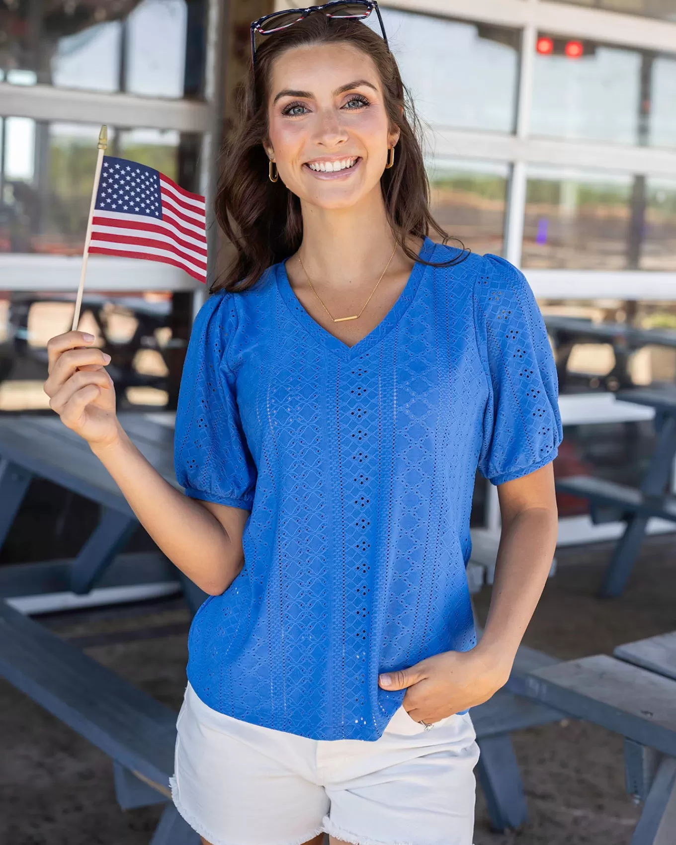 Hot Eyelet V-Neck Top Fashion Tops