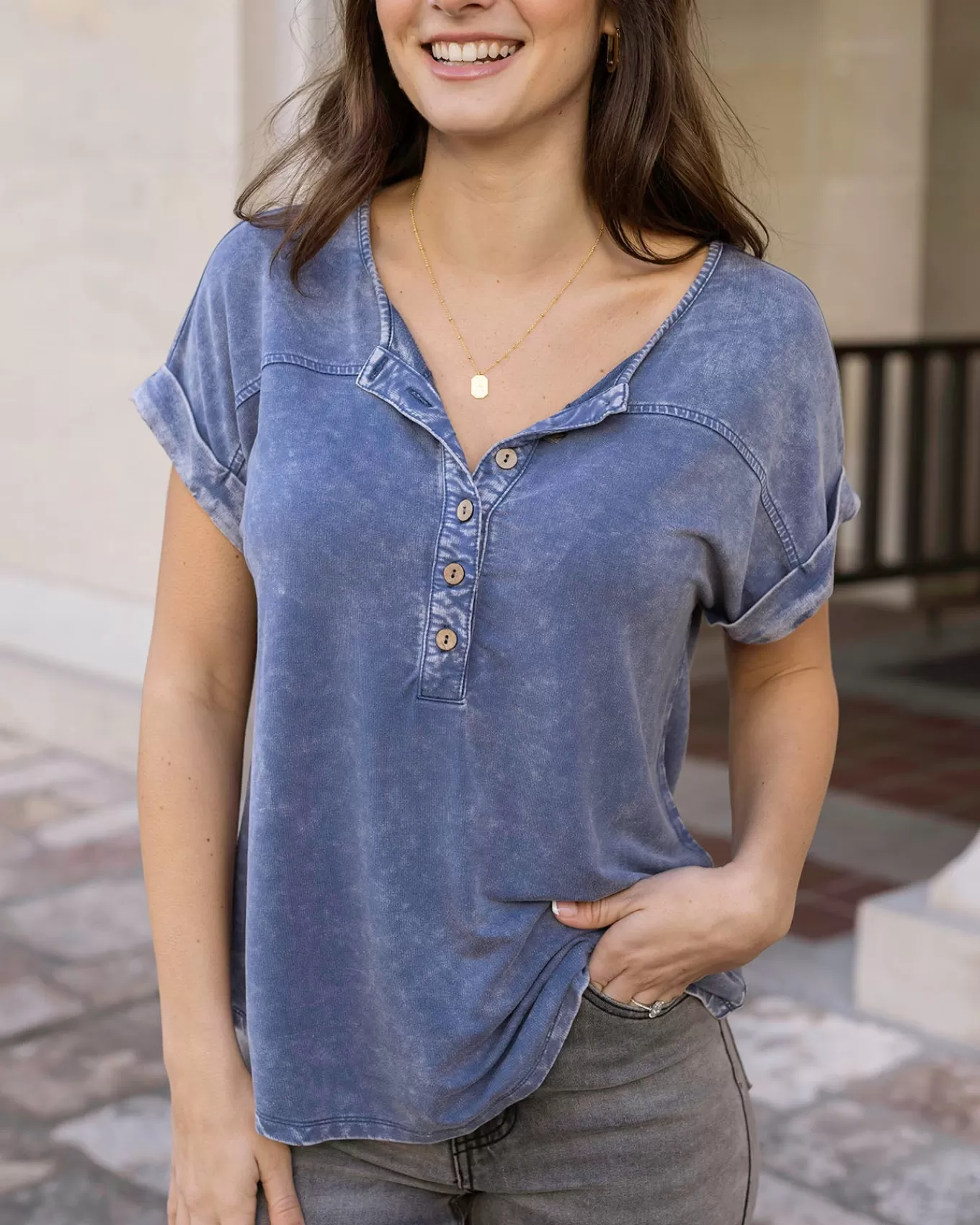Outlet Henley Mineral Washed Tee In Basics