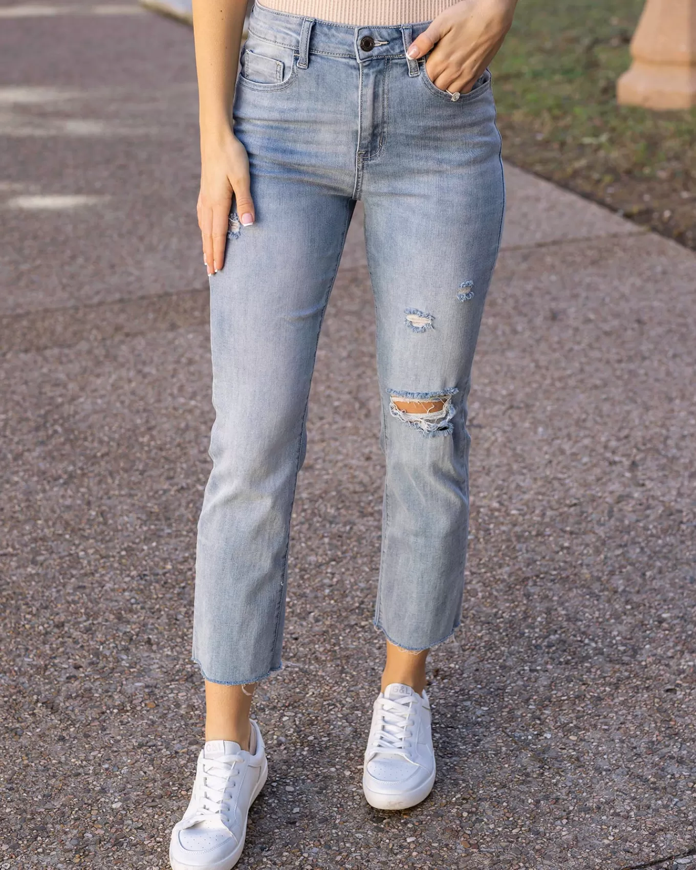 New Mel's Fave Distressed Straight Leg Cropped Denim In Light Mid-Wash - FINAL SALE Jeans + Jeggings
