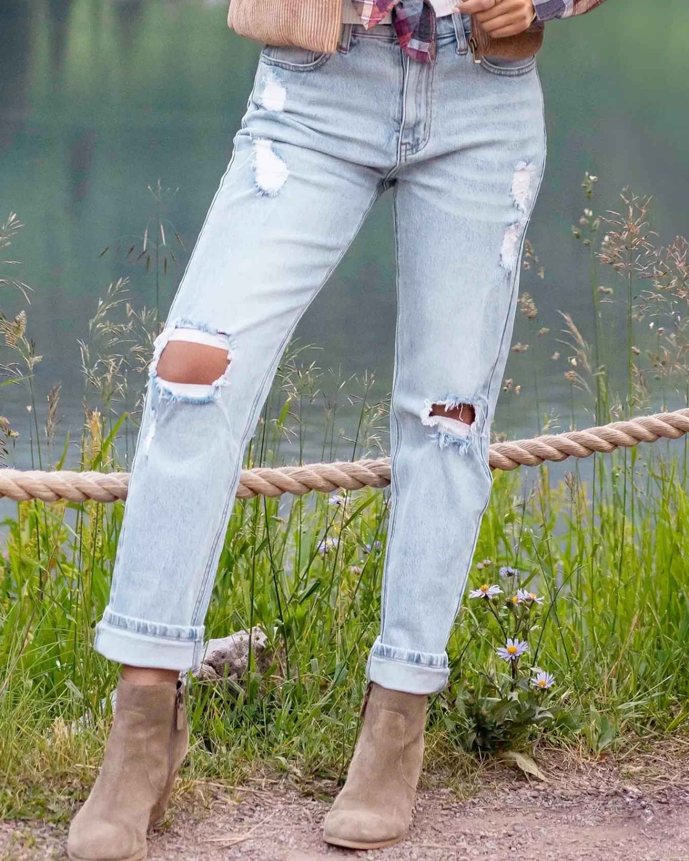 Cheap Mid-Rise Girlfriend Jeans Jeans + Jeggings